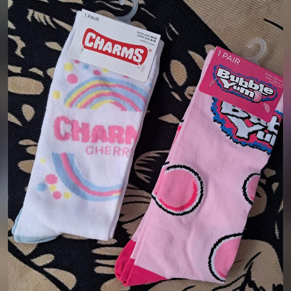 Pair Of Dolls Kill Charms and Bubble Yum Socks - White, Pink, Blue